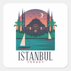 Pegatina Cuadrada Retro Vintage Estambul Turquía Silueta de Hagia So