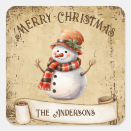 Pegatina Cuadrada Retro Vintage Muñeco de Nieve Personalizado Feliz 