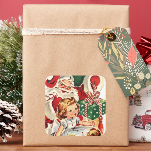 Pegatina Cuadrada retro vintage Santa y niño (Vacaciones)