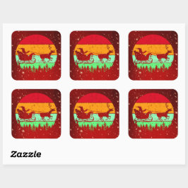 Pegatina Cuadrada Retro Vintage Sunset Santa Sleigh Reindeer