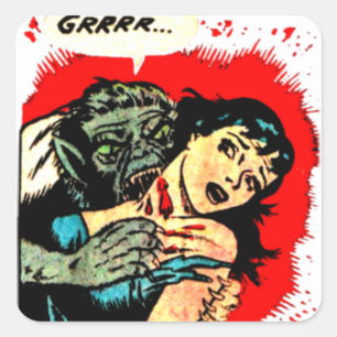 Pegatina Cuadrada Retro Vintage Werewolf Bites Lady