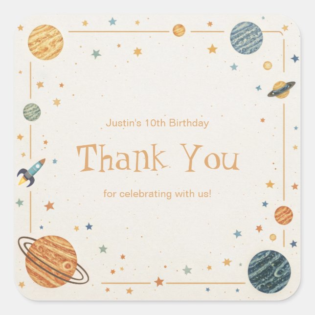 Pegatina Cuadrada Retro Watercolor Planet Rocket Gold Frame (Anverso)