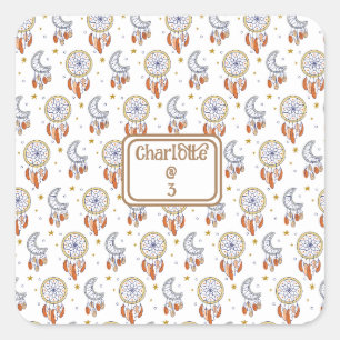 Pegatina Cuadrada Retro Whimsical Nombre del patrón de boho Cumpleañ