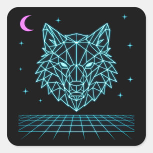 Pegatina Cuadrada Retro Wolf Synthwave - Aullador Nocturno de Neón