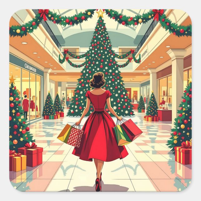 Pegatina Cuadrada Retro Woman Shopping Mid Century Christmas (Anverso)