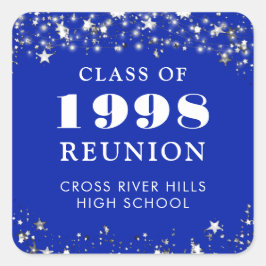 Pegatina Cuadrada Reunión de Clase Estrellas Plateadas Azul Real Per