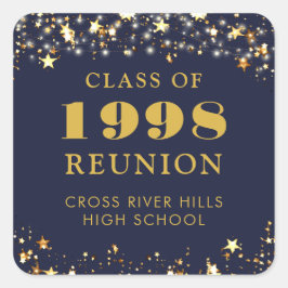 Pegatina Cuadrada Reunión de Clase Navy Azul Estrellas Doradas Perso