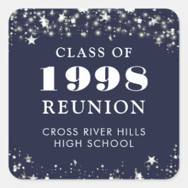 Pegatina Cuadrada Reunión de Clase Navy Azul Estrellas Plateadas Per