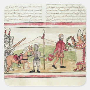 Pegatina Cuadrada Reunión de Hernando Cortes y Montezuma