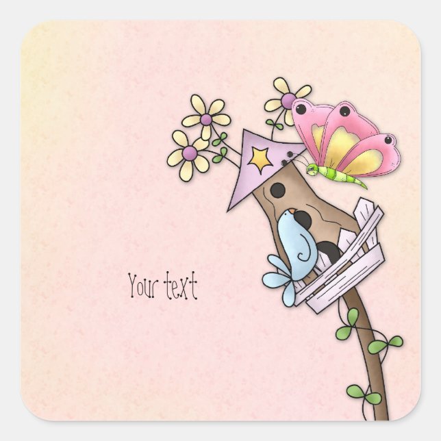 Pegatina Cuadrada Reunión de mariposas y aves en el pajar (Anverso)