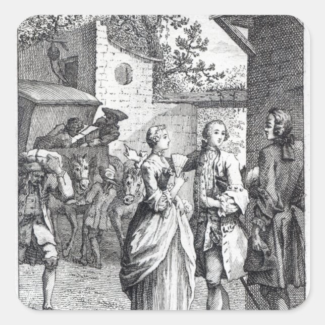 Pegatina Cuadrada Reunión del Chevalier Des Greux y Manon (Anverso)