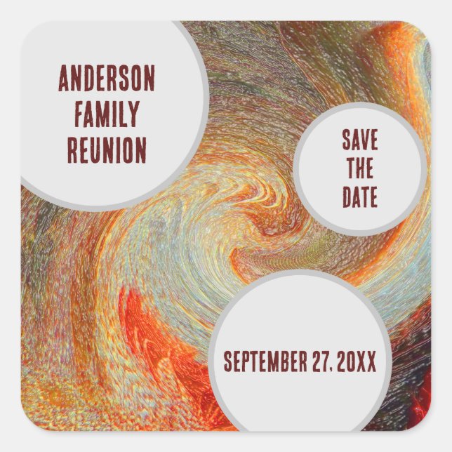 Pegatina Cuadrada Reunión Familiar Salven La Fecha Naranja Brown Gro (Anverso)