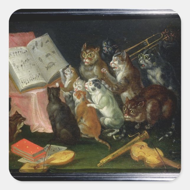 Pegatina Cuadrada Reunión musical de gatos (Anverso)