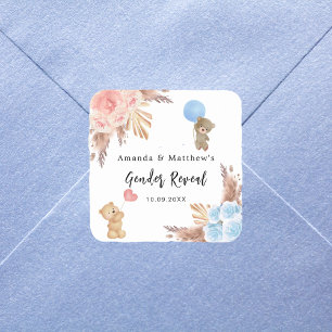 Pegatina Cuadrada Revelación de género fiesta pampas oso de peluche 