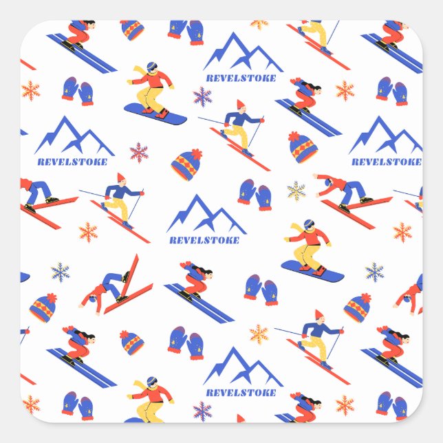 Pegatina Cuadrada Revelstoke Sun Peaks Canada Skowboard Pattern (Anverso)