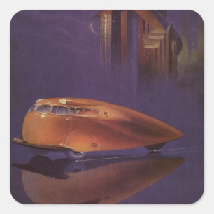 Pegatina Cuadrada Revista de Motor Vintage, Coche Ciudad Futurista