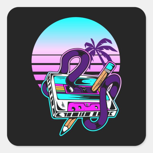 Pegatina Cuadrada Rewind Cassette Music Pencil años 80 (Anverso)