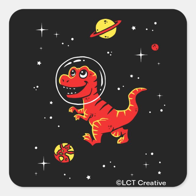 Pegatina Cuadrada Rex Dinos Del Tirano Rojo En El Espacio (Anverso)