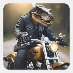Pegatina Cuadrada **"Rex reactivado: T-Rex en cuero en motocicleta
