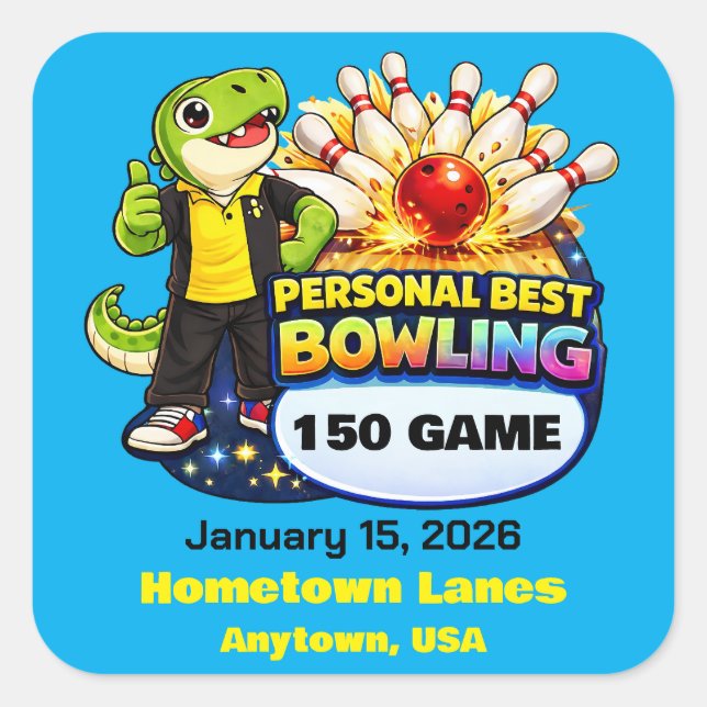 Pegatina Cuadrada Rexy the T-Rex - Personal Best Bowling -  (Anverso)
