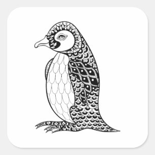 Pegatina Cuadrada Rey pingüino artístico Zendoodle