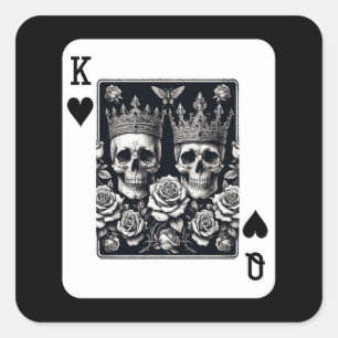Pegatina Cuadrada Rey Real y Reina de Corazones Calaveras y Rosas