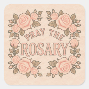 Pegatina Cuadrada Rezar el Rosario Floral Religioso Melocotón