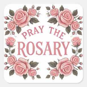 Pegatina Cuadrada Rezar el Rosario Floral Rosa Religioso