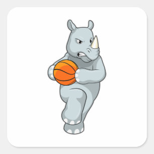 Pegatina Cuadrada Rhino como jugador de baloncesto con baloncesto