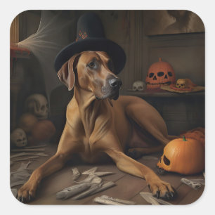 Pegatina Cuadrada Rhodesia Ridgeback Pumpkins Halloween Scary