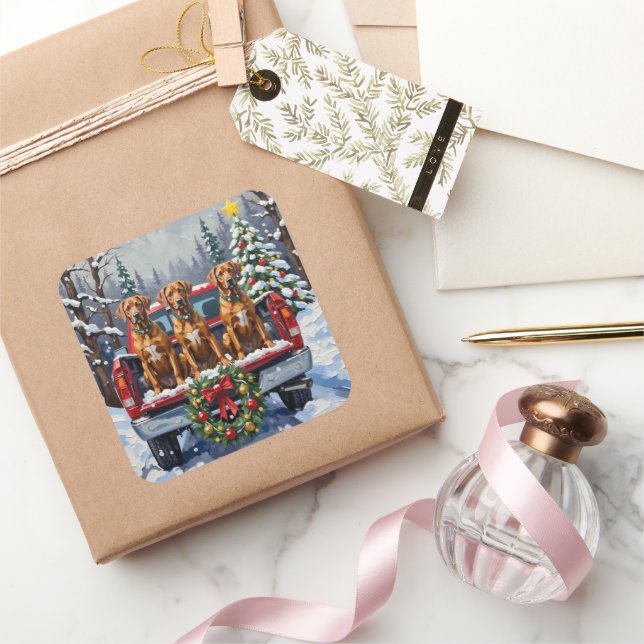 Pegatina Cuadrada Rhodesian Ridgeback Christmas Red Truck Holiday (Regalar)