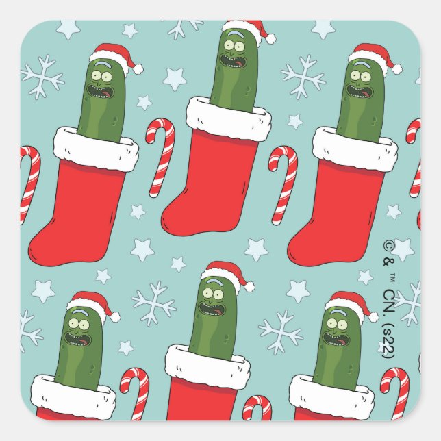 Pegatina Cuadrada Rick and Morty | Christmas Pickle Rick Pattern (Anverso)
