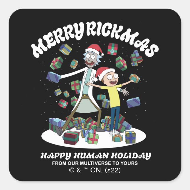 Pegatina Cuadrada Rick and Morty | Merry Rickmas Presents (Anverso)
