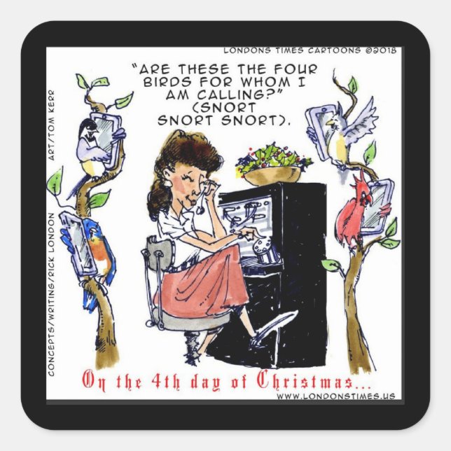 Pegatina Cuadrada Rick London Ernestine llama a las aves navideñas (Anverso)