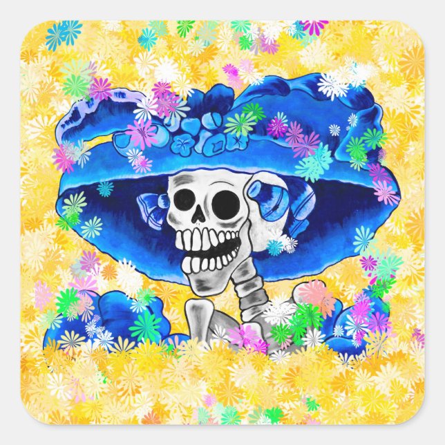 Pegatina Cuadrada Ríe mujer esqueleto con un bonnet azul en amarillo (Anverso)