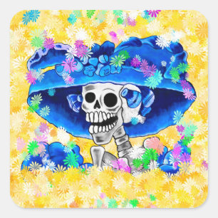 Pegatina Cuadrada Ríe mujer esqueleto con un bonnet azul en amarillo