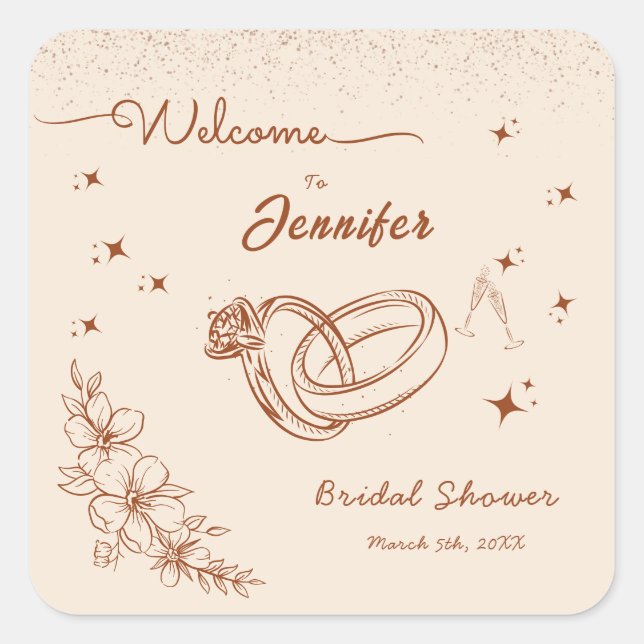 Pegatina Cuadrada Ring and Floral Hand Drake Bridal Shower (Anverso)