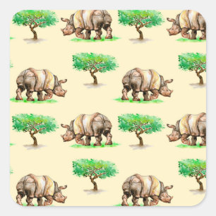 Pegatina Cuadrada Rinoceronte acuarela: Patrón pintado a mano.