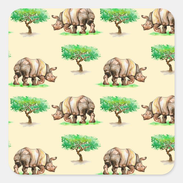 Pegatina Cuadrada Rinoceronte acuarela: Patrón pintado a mano. (Anverso)