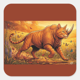 Pegatina Cuadrada Rinoceronte Gato Caprichoso – Regalo de Animal Oto