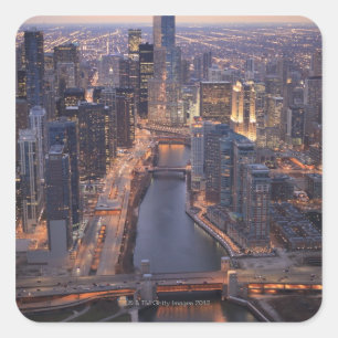 Pegatina Cuadrada Río Chicago y Torre Trump desde arriba