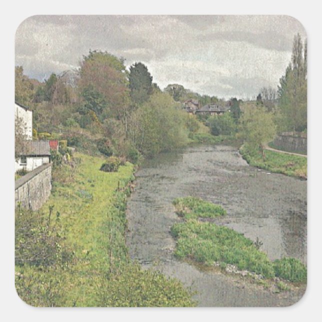 Pegatina Cuadrada Río Hafren en Newtown, Powys (Anverso)
