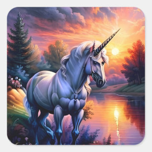 Pegatina Cuadrada Río Lago Atardecer Unicornio Siete