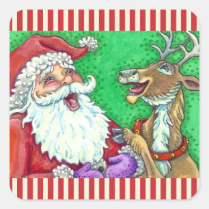 Pegatina Cuadrada RÍO SANTA Y REINDEER KNOCK CHISTES Graciosos