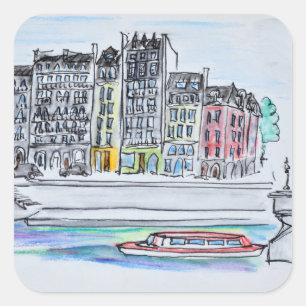 Pegatina Cuadrada Río Seine  Ile Saint-Louis, París