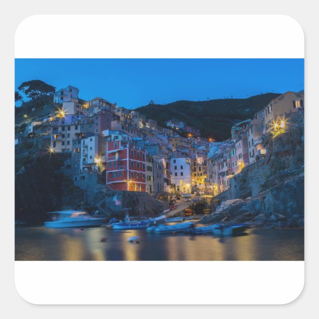 Pegatina Cuadrada Riomaggiore por la noche Cinque Terre Liguria Ital (Anverso)