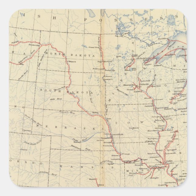 Pegatina Cuadrada Ríos navegables, rutas 1890 (Anverso)
