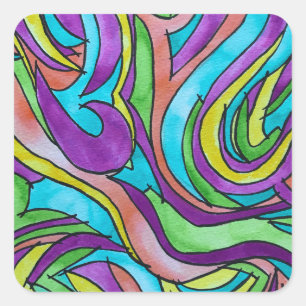 Pegatina Cuadrada Ritmo de Color-Arte Abstracto de Acuarela Pintado 