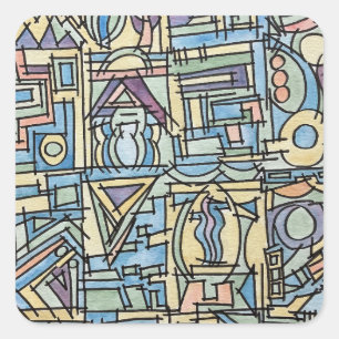 Pegatina Cuadrada Ritmo En Azul-Arte Abstracto Pintado a Mano