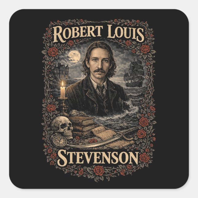 Pegatina Cuadrada Robert Louis Stevenson (Anverso)